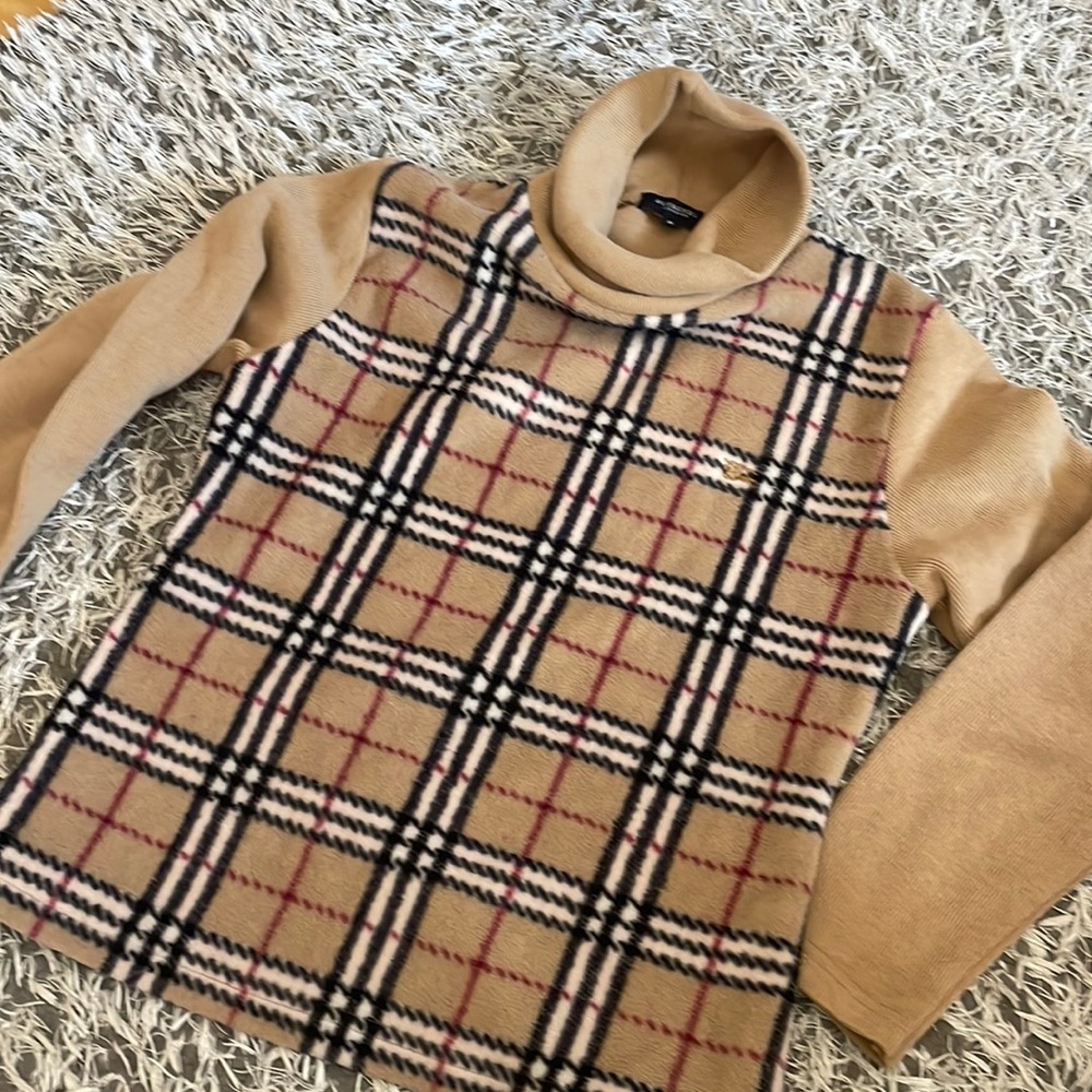 BURBERRY High Neck Knit Sweater M Beige CHECKED Wool Cashmere Mixed